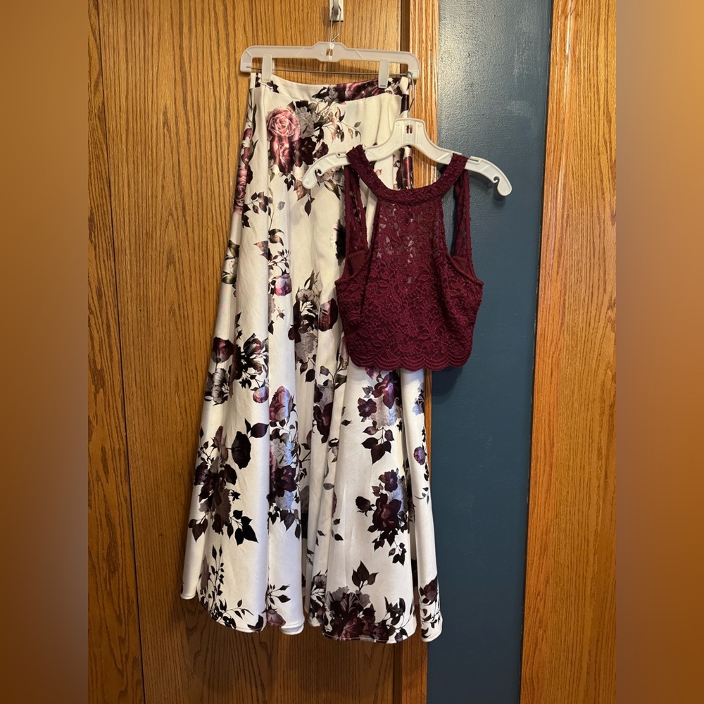 Floral White Maxi Skirt with Burgundy Lace Crop Top prom formal homecoming